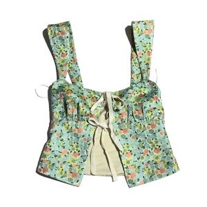 Reformation Women’s Floral Minty Green Azalea Linen Tie-Front Crop Top